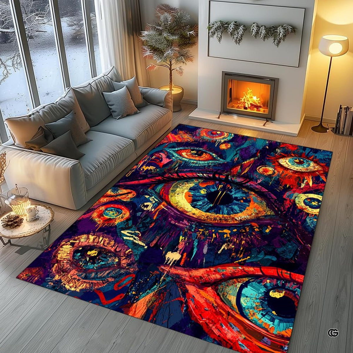 Eclectic living room decor featuring an artistic pink psychedelic area rug under a coffee table. - image 5 of 8