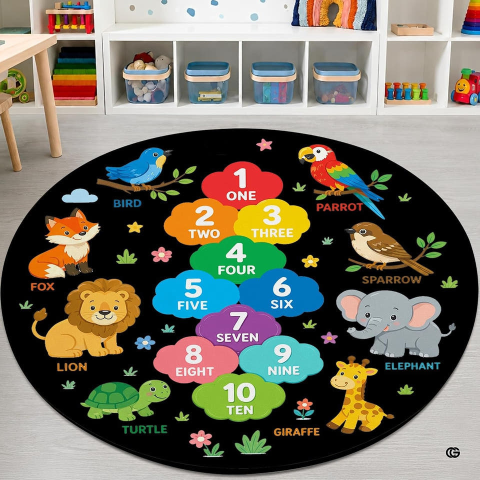 Full overhead circular layout of black ground educational counting rug displaying numbered clouds and wildlife