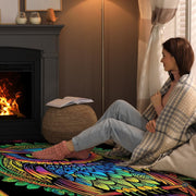 Decorative psychedelic mandala halo surrounding a perched neon bird on an artistic floor accent. - thumbnail image 3 of 8