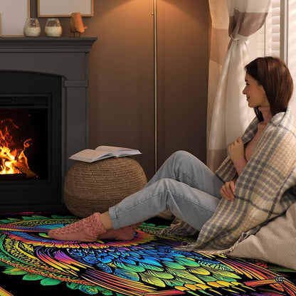 Decorative psychedelic mandala halo surrounding a perched neon bird on an artistic floor accent. - thumbnail image 3 of 8