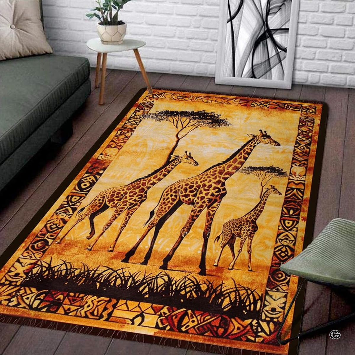 Modern living room setting displaying the African giraffe family savanna area rug