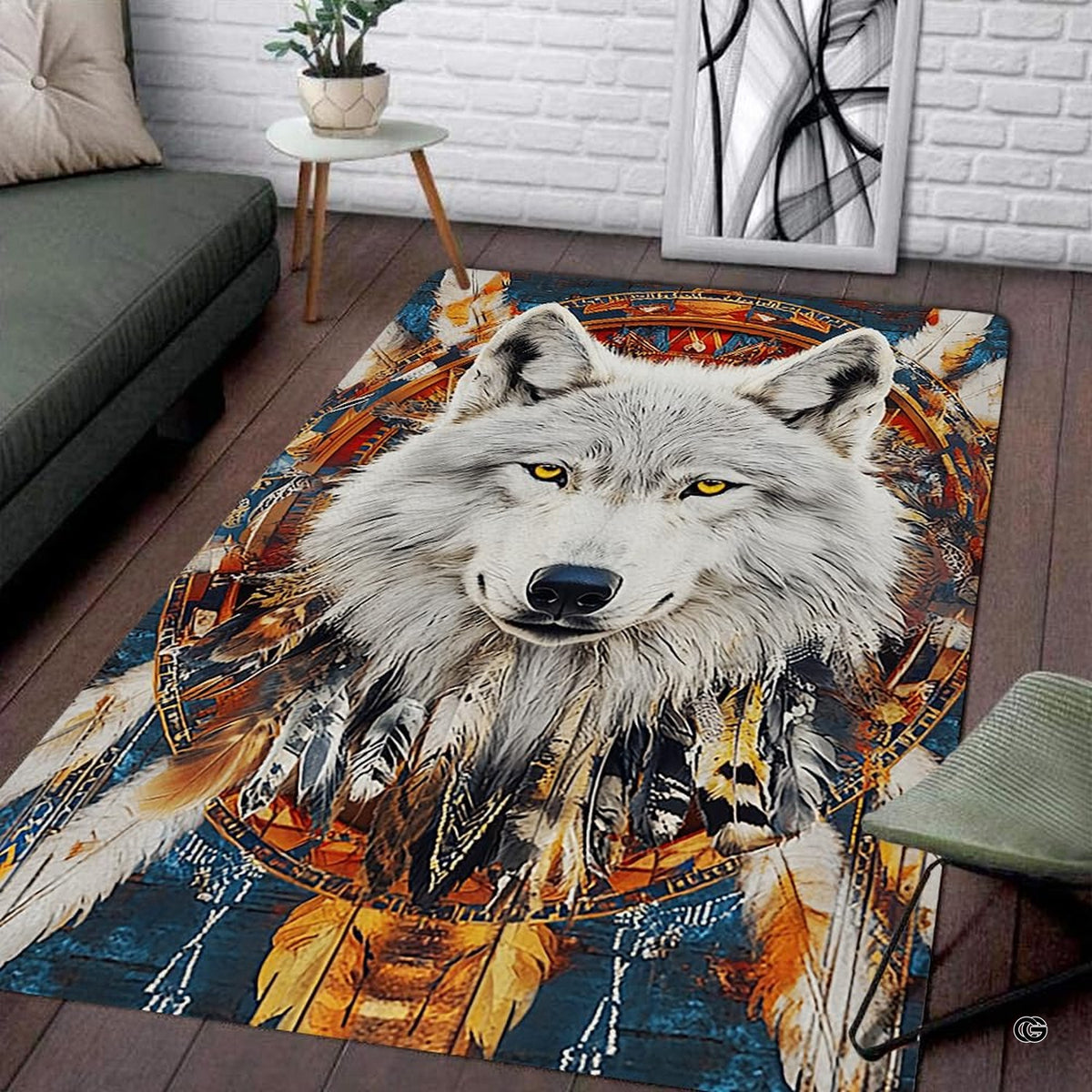 Living room seating setup featuring the white wolf spirit dreamcatcher feathers rustic area rug
