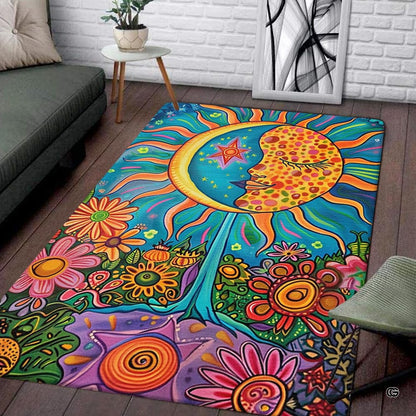 Psychedelic celestial sun moon tree boho illustration rectangular area rug. - thumbnail image 1 of 5