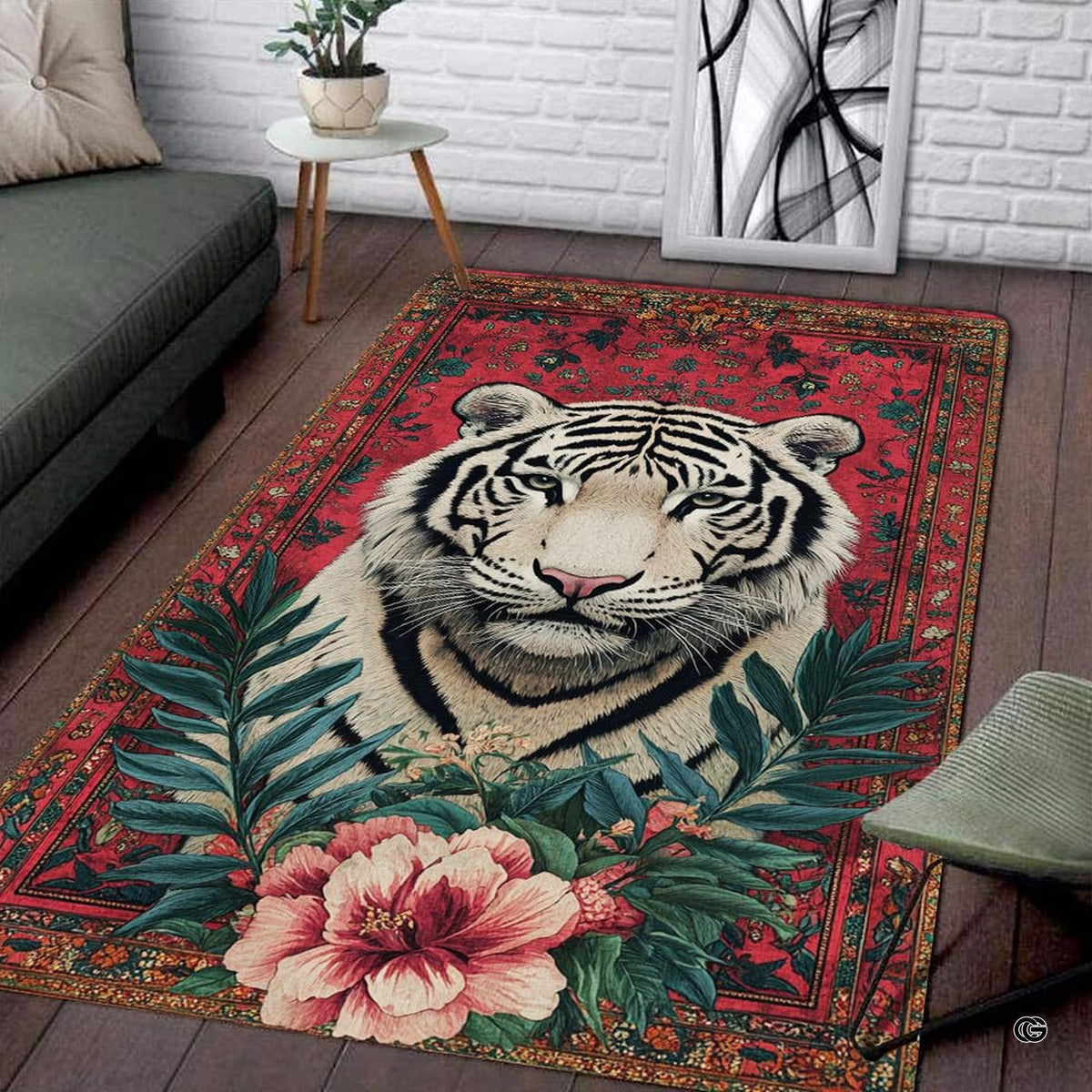 Crimson red tapestry white tiger living room area rug in front of a modern couch