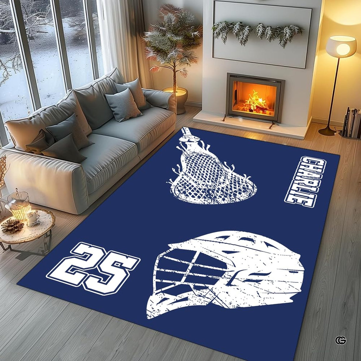 Modern bedroom setting displaying the sporty lacrosse helmet and stick rug - image 2 of 9