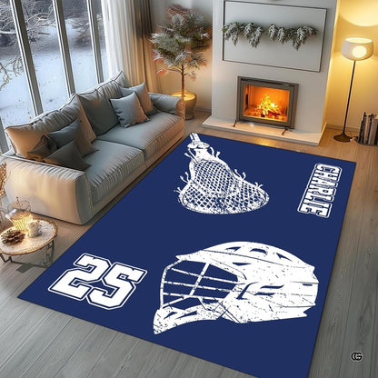 Modern bedroom setting displaying the sporty lacrosse helmet and stick rug - thumbnail image 2 of 9