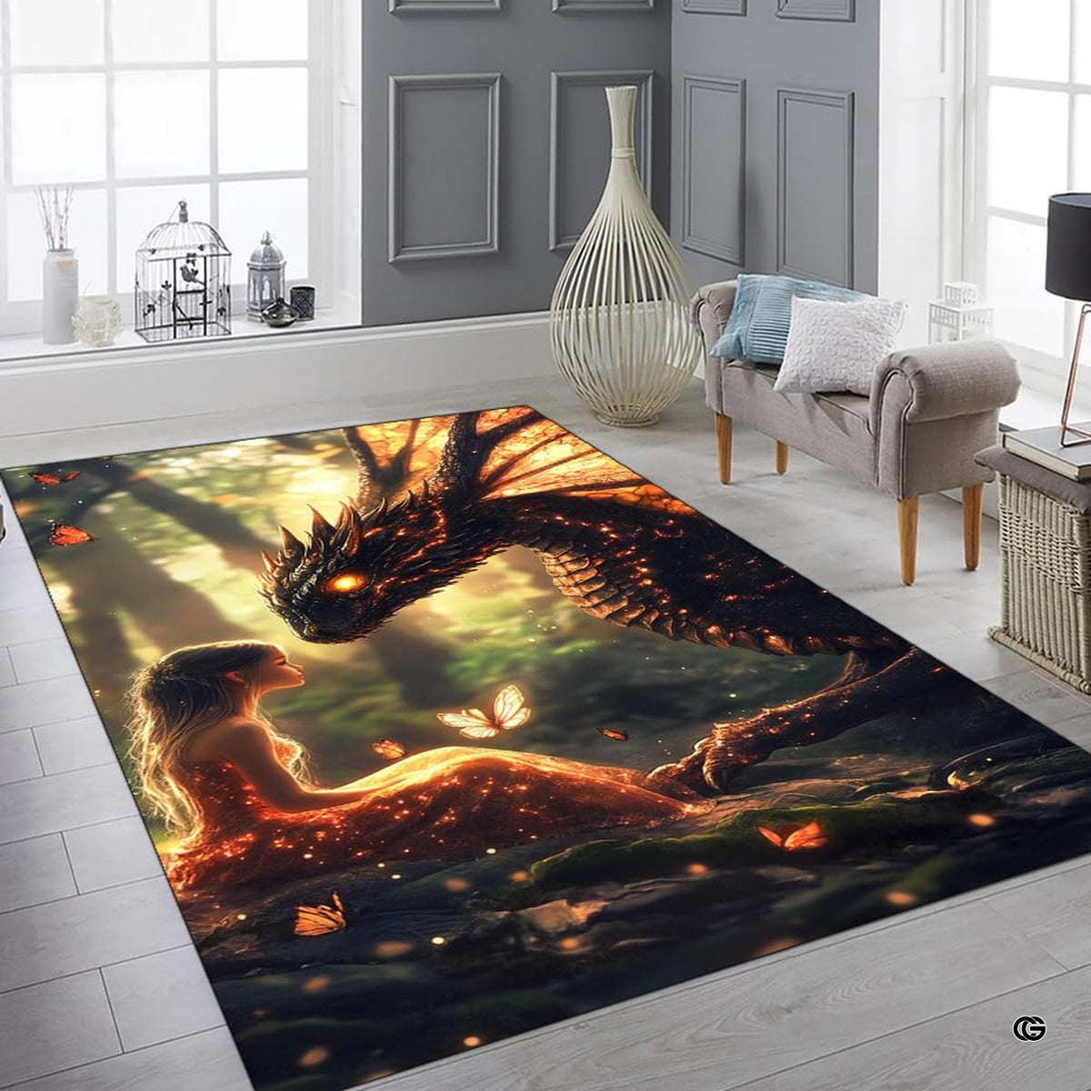 Overhead layout view of magical woodland dragon artwork across an enchanted forest rug. - image 6 of 7