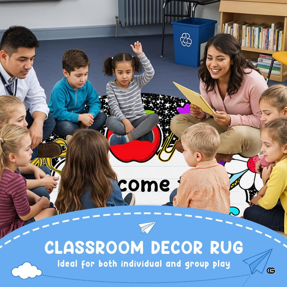 Artistic area rug centered on wooden floor showcasing colorful school supply illustrations and doodle motifs. - image 3 of 8