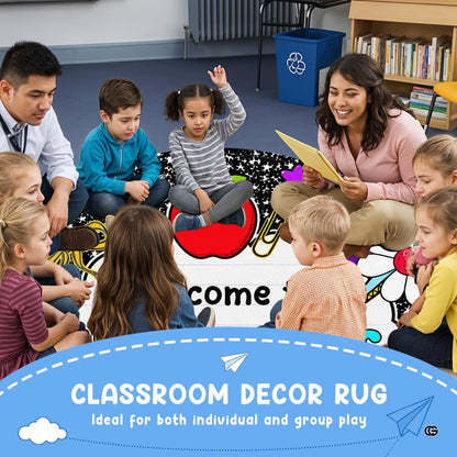 Artistic area rug centered on wooden floor showcasing colorful school supply illustrations and doodle motifs. - thumbnail image 3 of 8