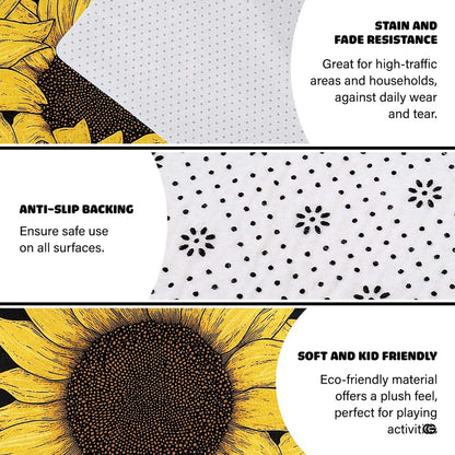 Close up view of sunflower floral floor rug artwork illustrating textured seeds and delicate white sketches. - thumbnail image 4 of 7