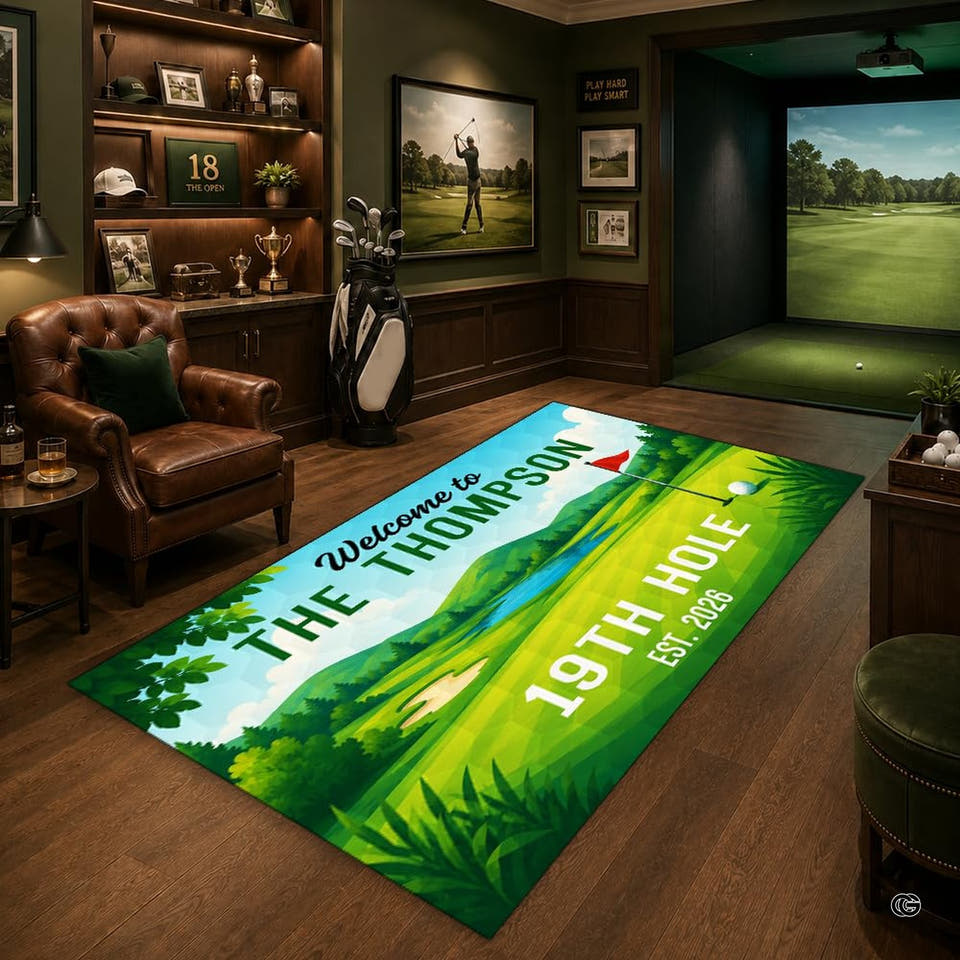 Golf simulator lounge with leather armchair displaying the rectangular fairway landscape area rug on wood flooring.
