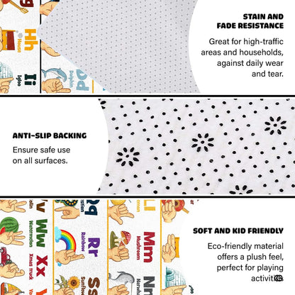 Detailed view of soft pile corner and clear alphabet letters on classroom rug. - thumbnail image 9 of 9