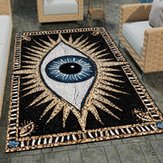Stylized room decor display spotlighting the celestial evil eye rug runner along an entryway floor. - thumbnail image 7 of 8