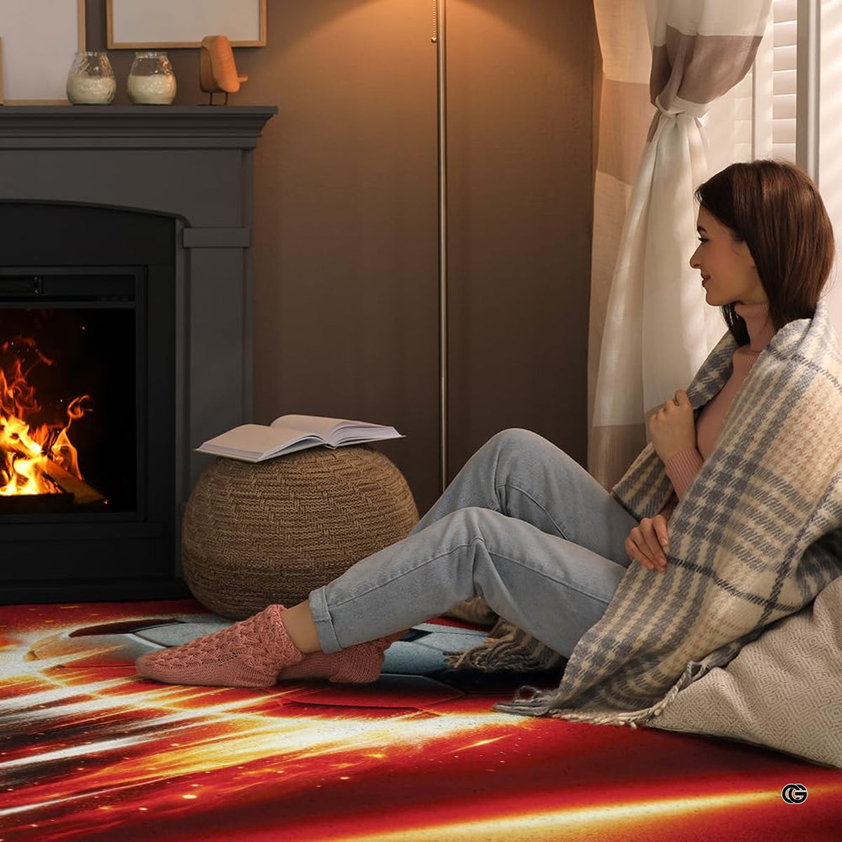 Top-down overhead view of rectangular flaming soccer ball living room area rug