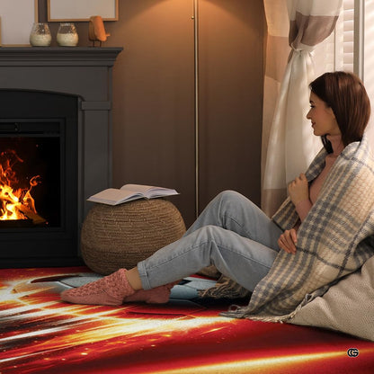 Top-down overhead view of rectangular flaming soccer ball living room area rug - thumbnail image 8 of 8