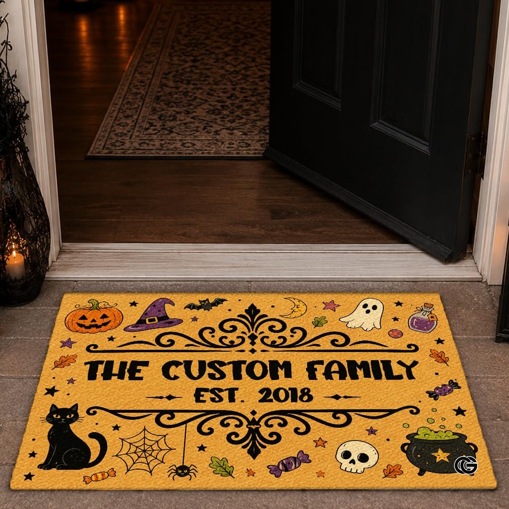 Halloween Door Mat Outdoor, Custom Spooky Welcome Mat with Black Cat and Pumpkin, Fall Front Door Mat for Porch Entryway Decor #5