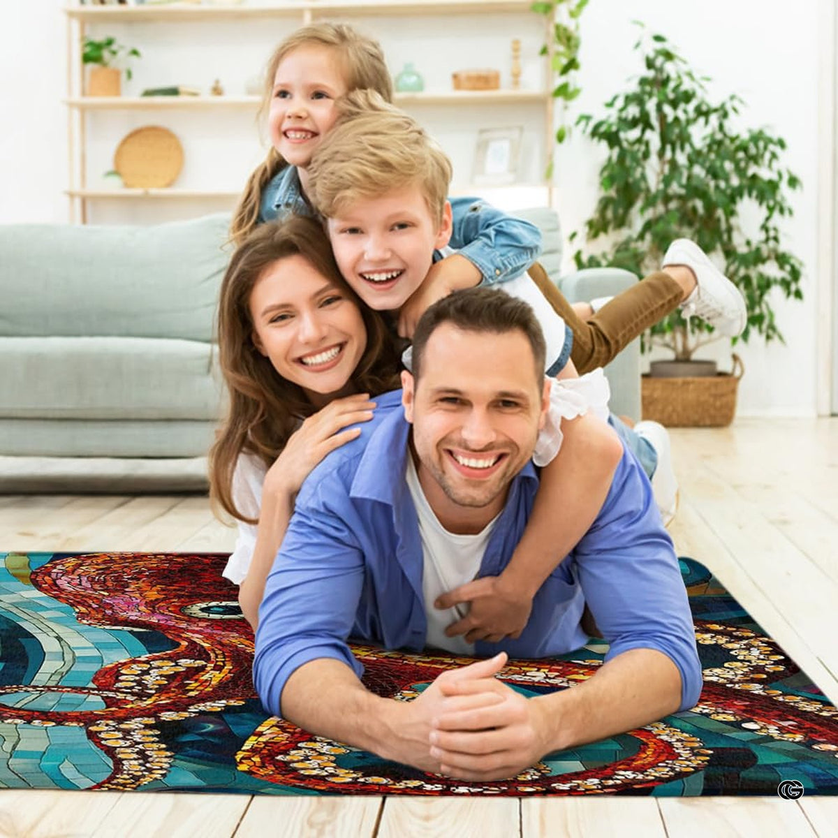 Full display of ocean sea creatures list visual theme with red octopus on rug.