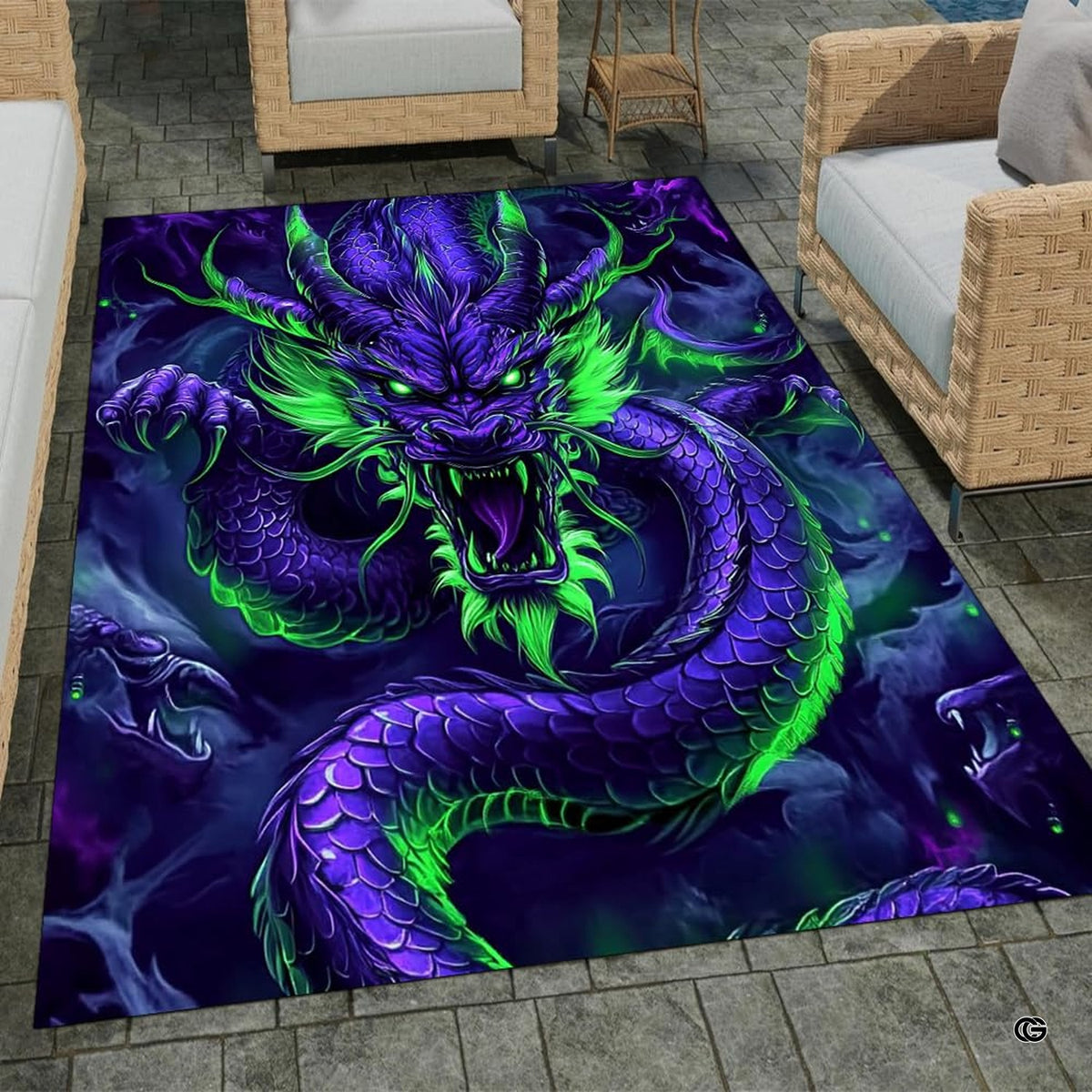 Electric purple dragon area rug displaying glowing neon eyes and smoky mist in a modern lounge.