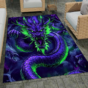 Electric purple dragon area rug displaying glowing neon eyes and smoky mist in a modern lounge. - thumbnail image 1 of 8