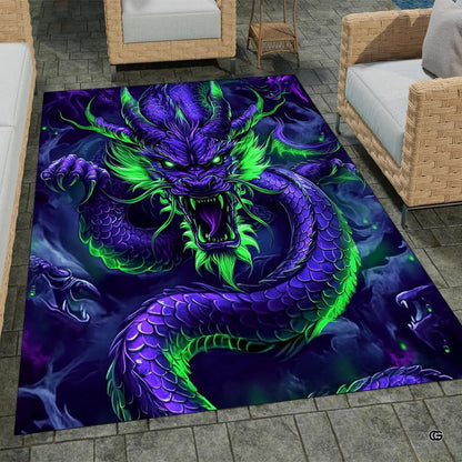Electric purple dragon area rug displaying glowing neon eyes and smoky mist in a modern lounge. - thumbnail image 1 of 8