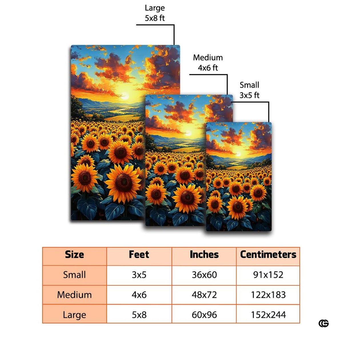 Dimensions and sizing chart for sunset sunflower meadow area rug
