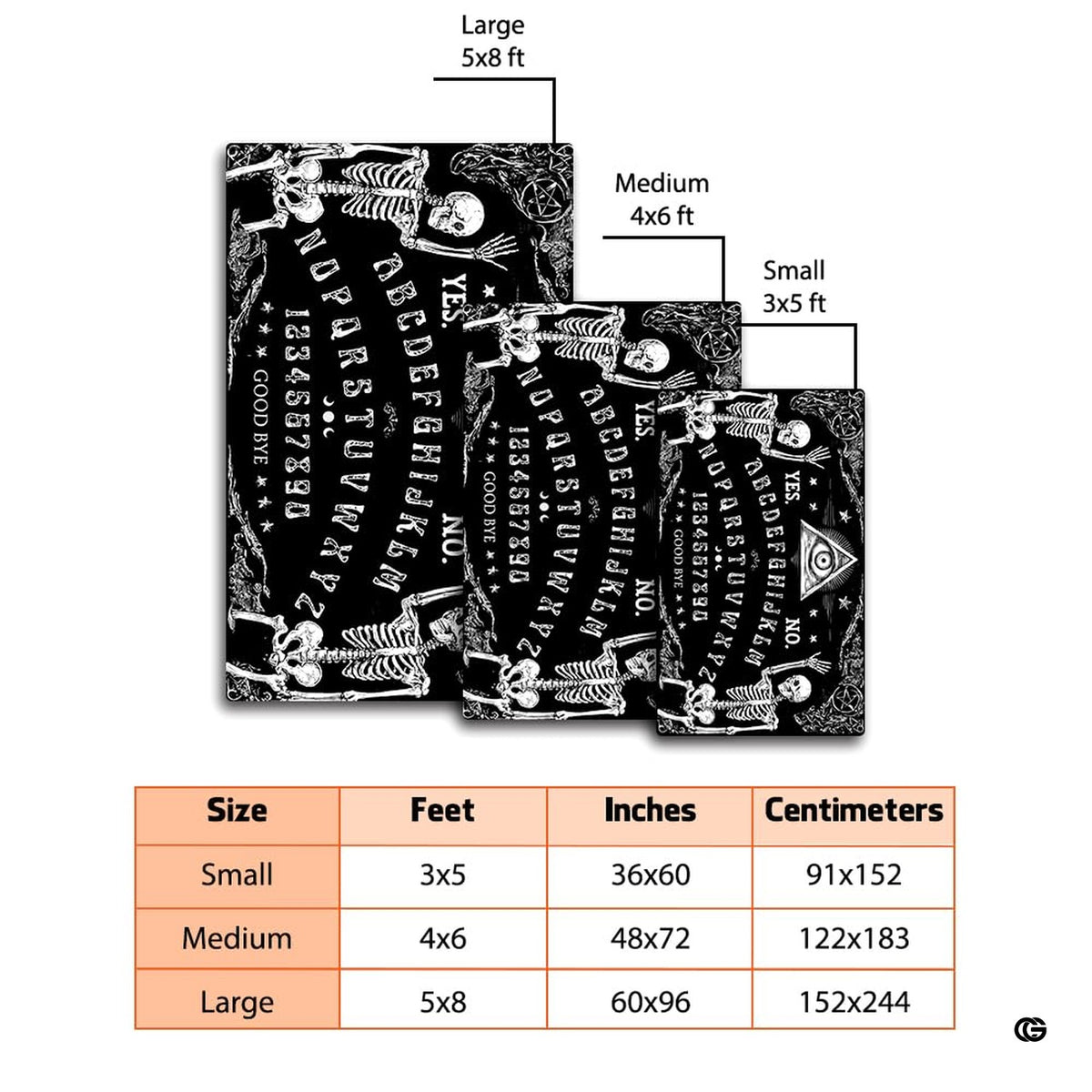 Size proportion diagram showing small 3x5, medium 4x6, and large 5x8 spirit board area rug