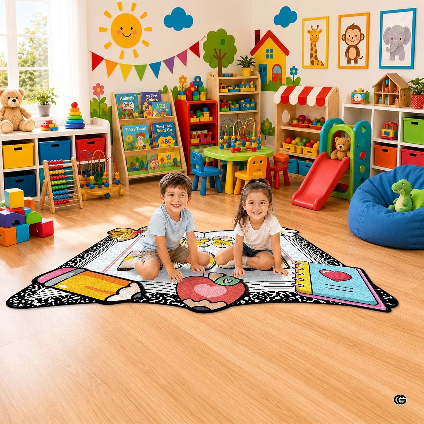 Personalized Composition Notebook Classroom Shaped Rugs for Kids (A05) | Custom Pennant Flag Carpet for Reading Corner, Non-Slip Apple Shape Rug Mat, Classroom Decor, Back To School Gift