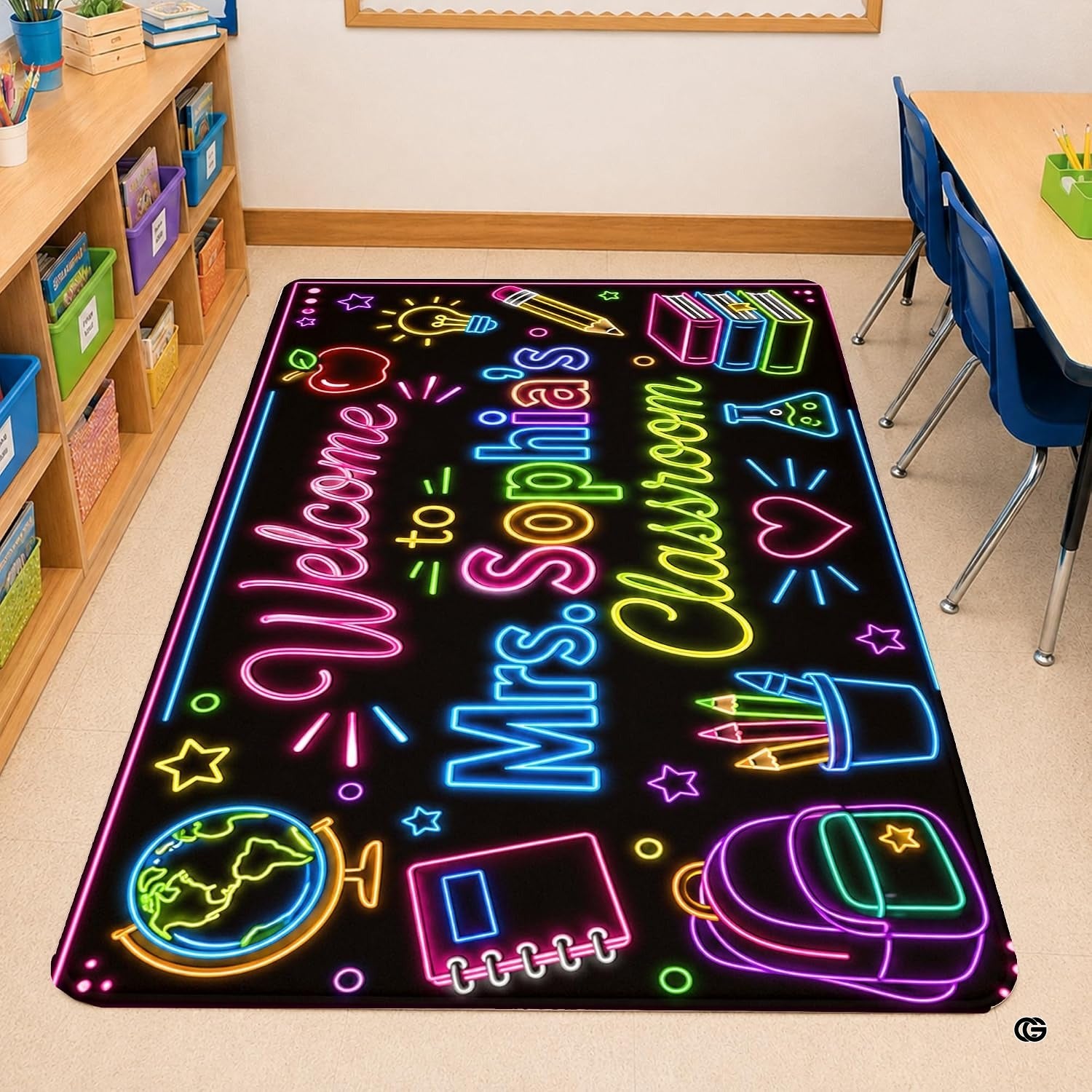 Personalized Teacher Classroom Rug, Custom Back to School Welcome Mat with Name, Kindergarten Preschool Elementary Decor, Composition Notebook Carpet (A08)