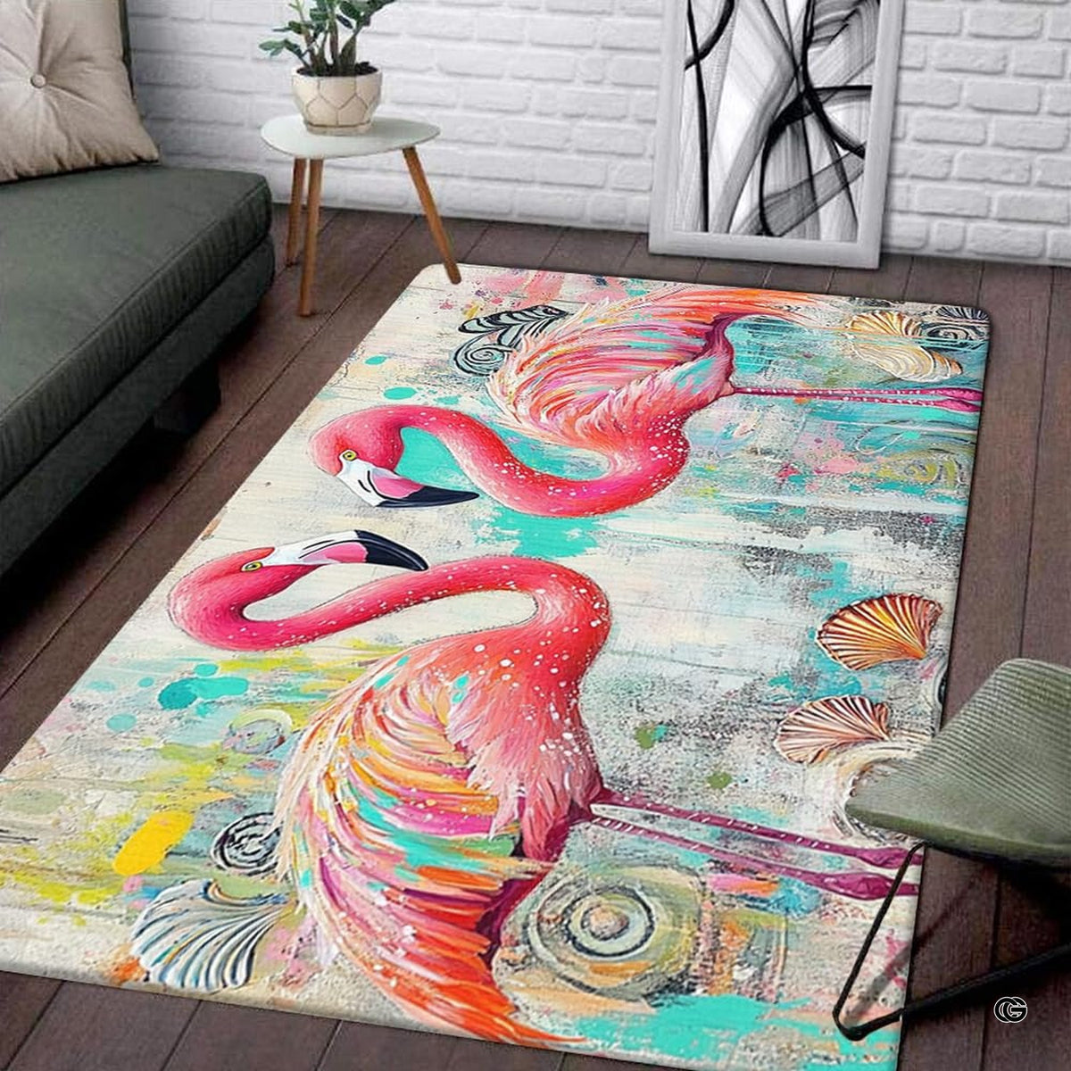 Dimensions and sizing chart for coastal seashell pink flamingo pair area rug - image 2 of 7