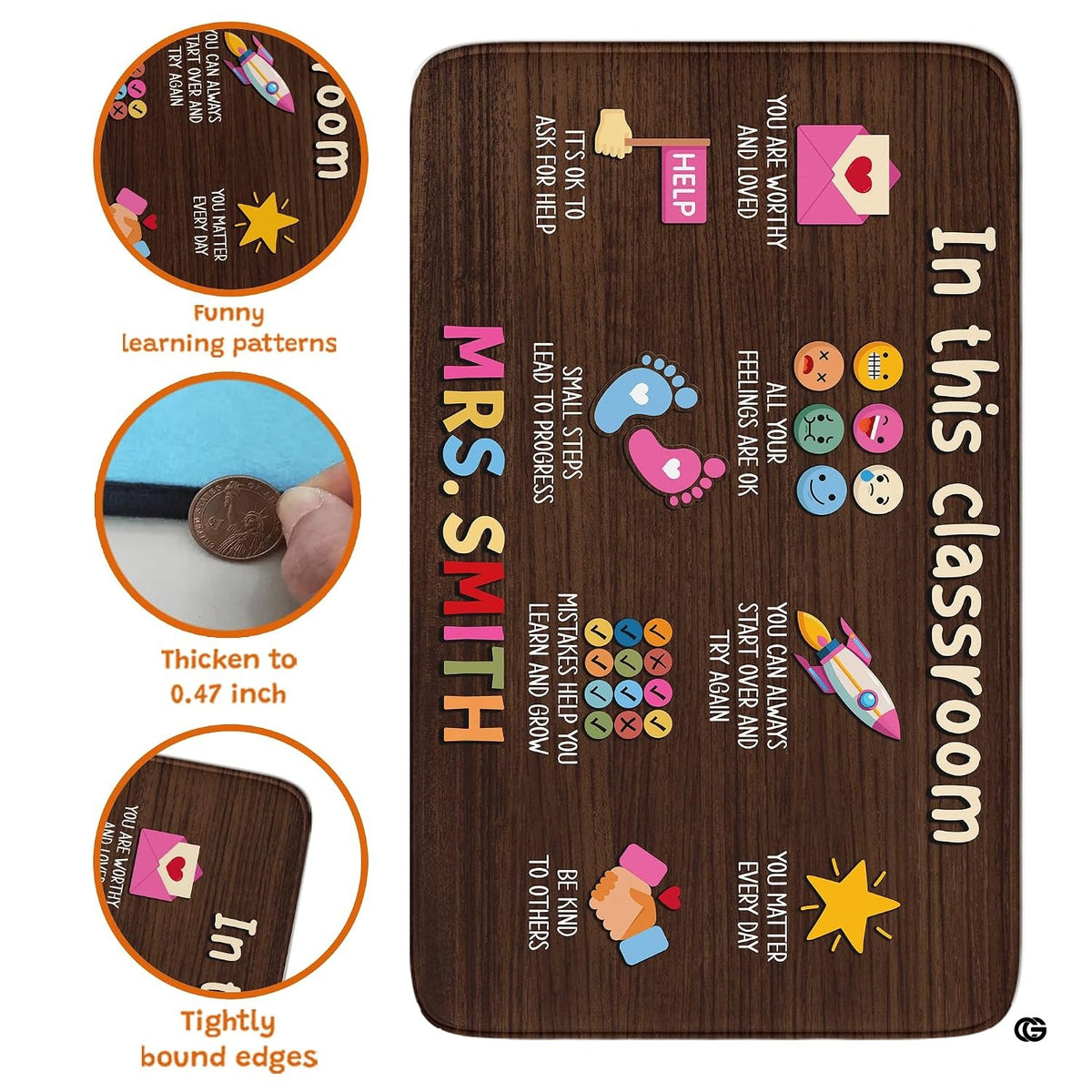 Lifestyle mockup showing the classroom affirmations rug centered on a light wood floor