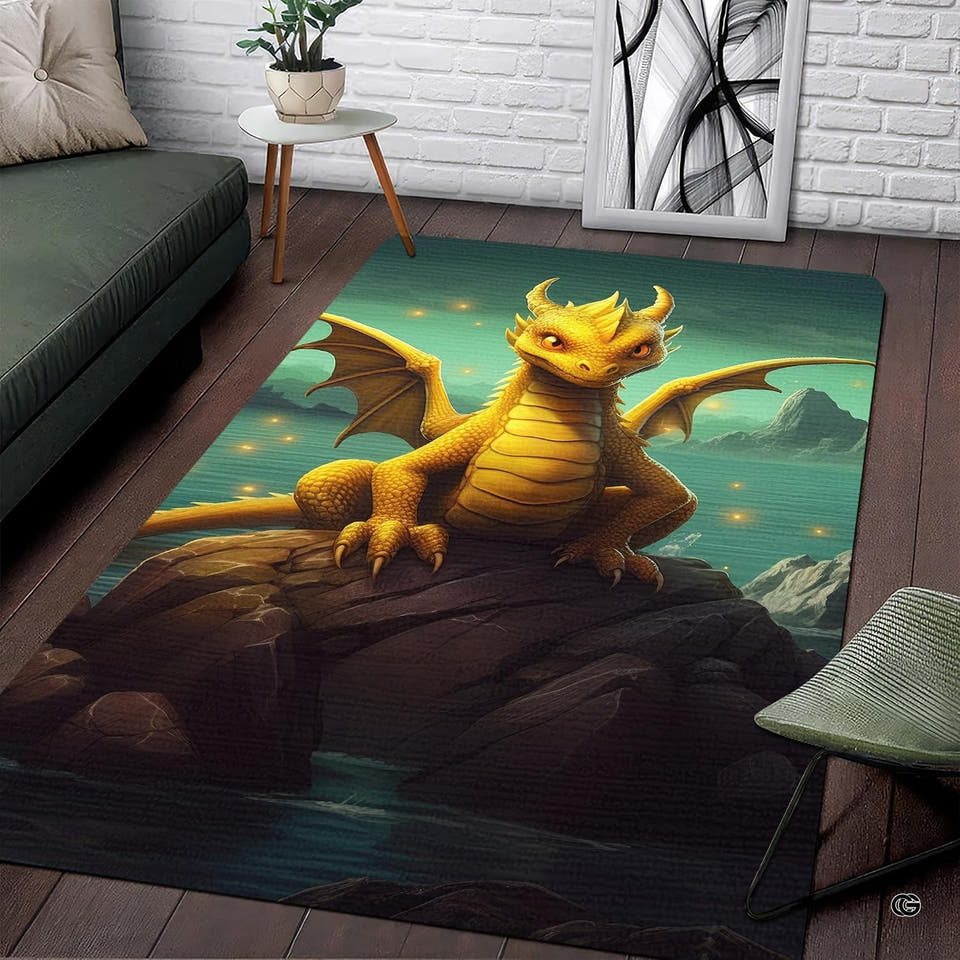 Golden dragon with outstretched wings perched on dark cliffs across a decorative floor rug in a styled room.