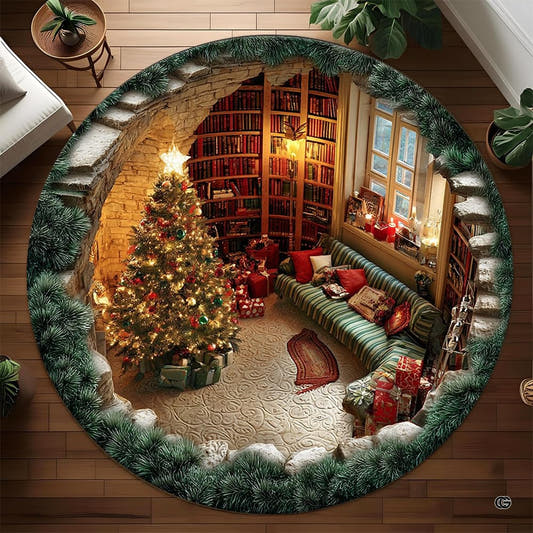 Christmas cozy library tree illusion round area rug centered on wooden floor planks.