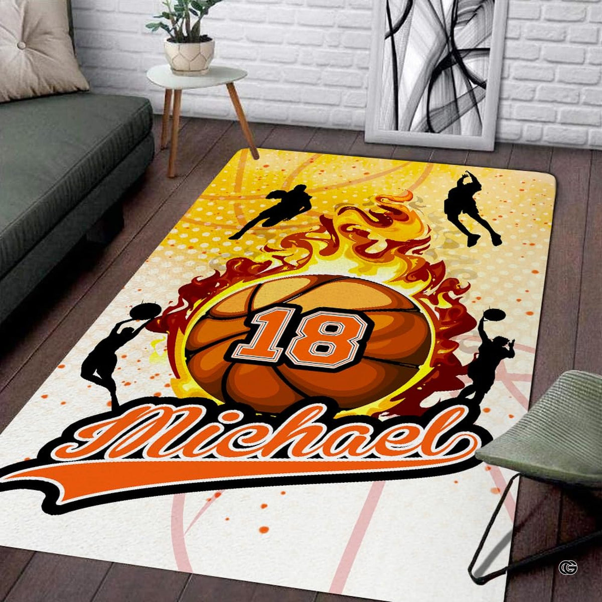 Flaming basketball surrounded by player action silhouettes rectangular area rug.