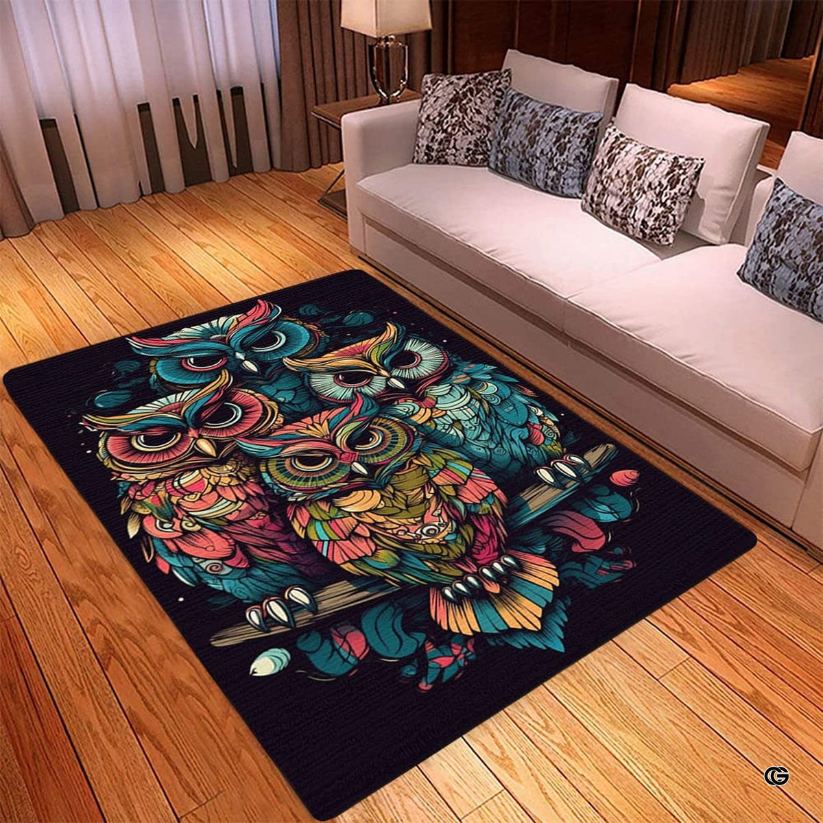 Soft low-pile microfiber surface texture on vibrant boho multicolor owls area rug - image 3 of 8
