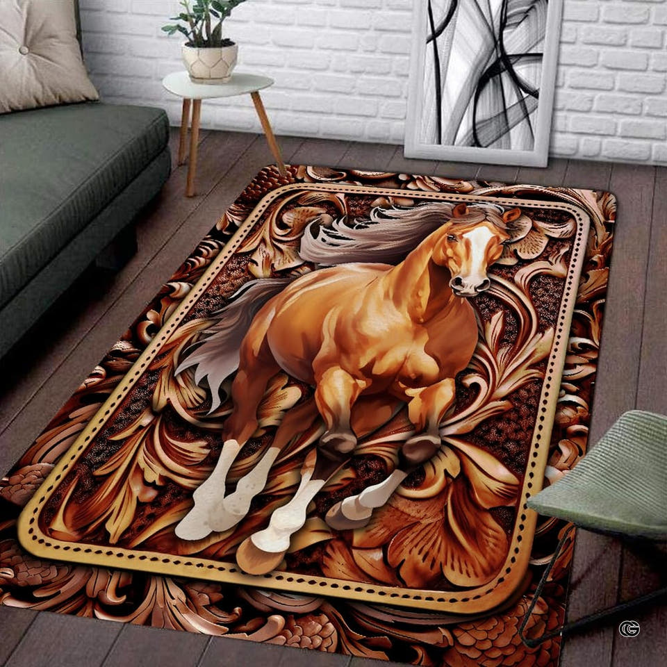 Tooled leather look horse area rug with acanthus scrollwork and running steed motif.