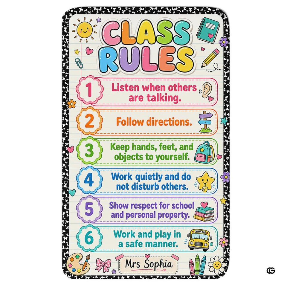 Class Rules Kawaii Notebook Elementary Kids Area Rug