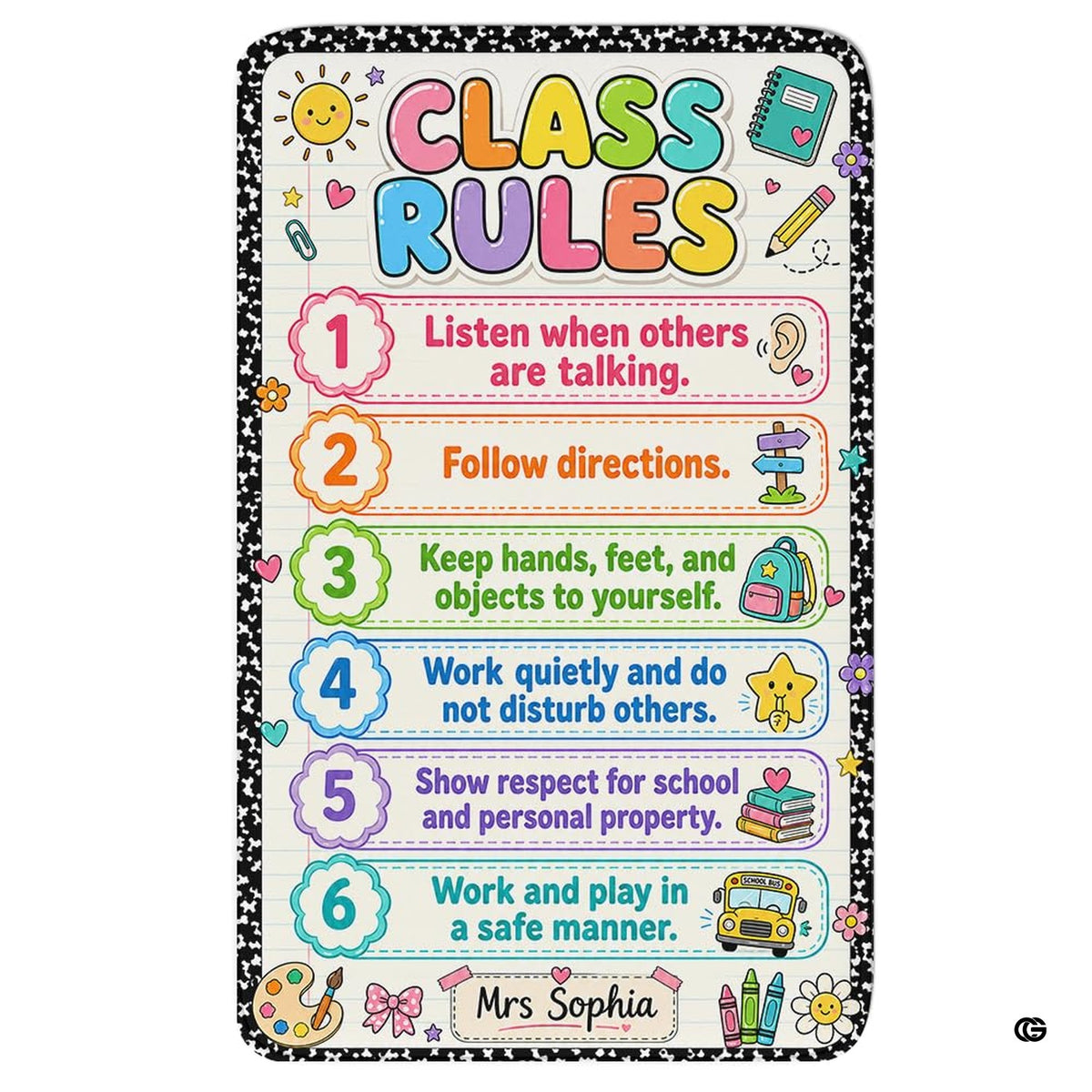 Class rules kawaii notebook elementary kids rectangular area rug. - image 1 of 7