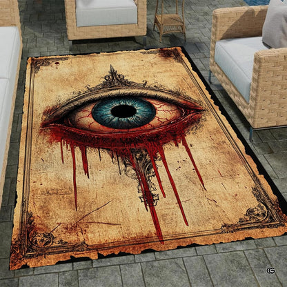 Top down overhead perspective of gothic weeping eye floor accent rug showing centered mystical artwork. - thumbnail image 6 of 7