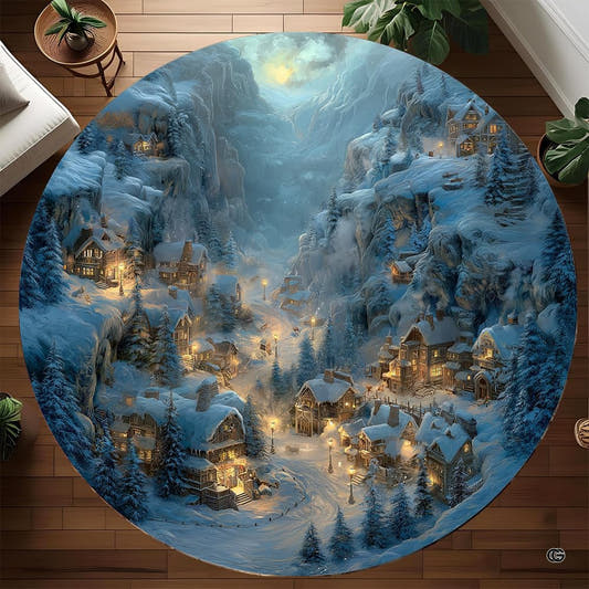 Round snowy mountain village rug with glowing cottages