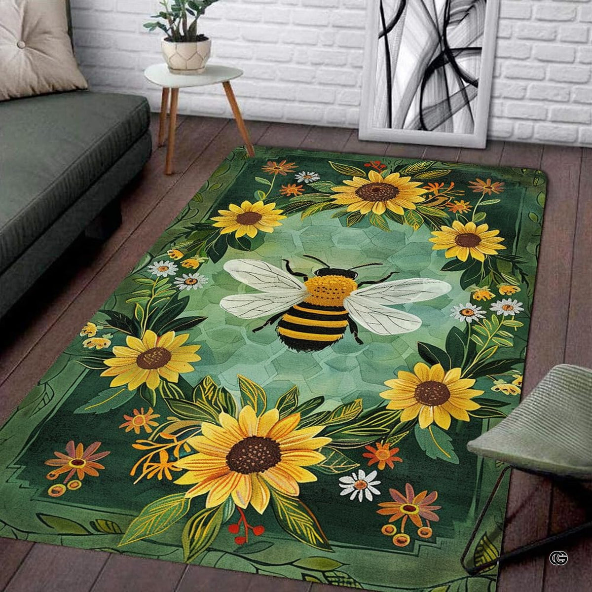 Living room mockup highlighting the green botanical honeybee and sunflower print area rug - image 2 of 8
