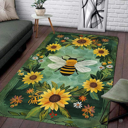 Living room mockup highlighting the green botanical honeybee and sunflower print area rug - thumbnail image 2 of 8