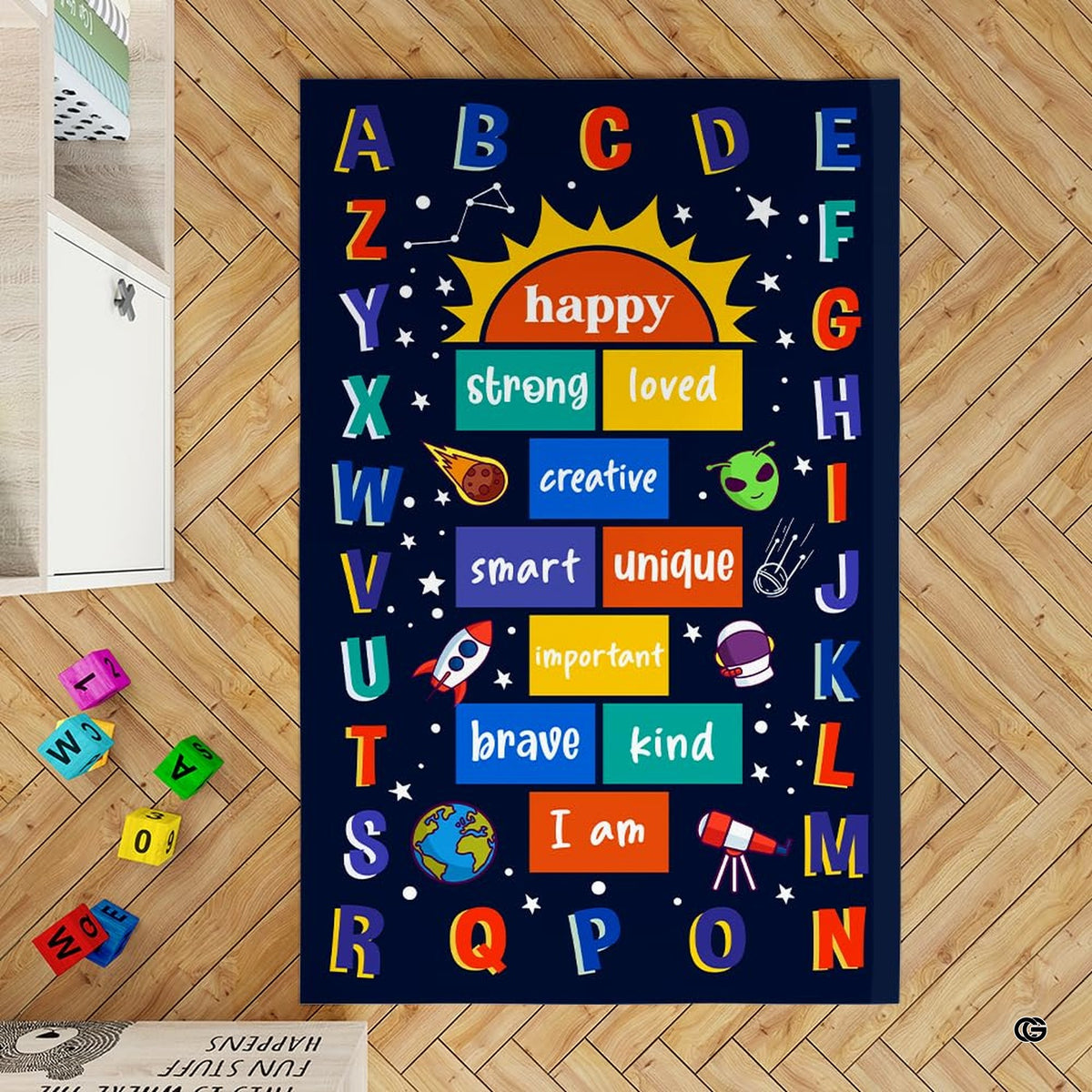 Vibrant space decorative accent floor covering highlighting rocket ship and telescope art within an open play space. - image 8 of 9
