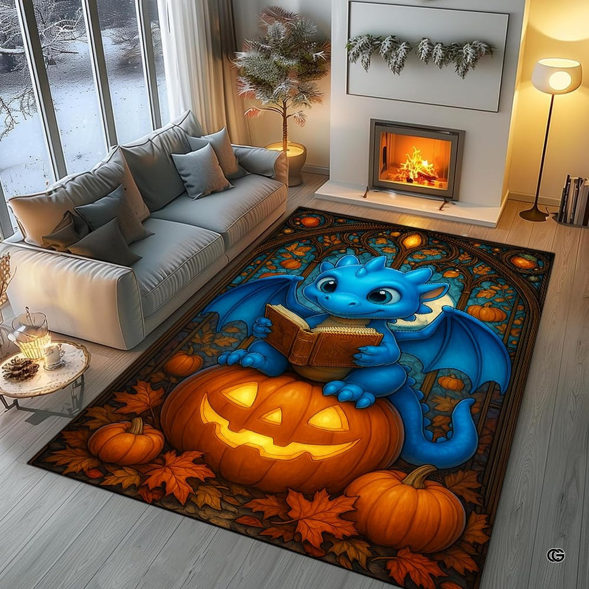 Cute blue baby dragon reading a book seated atop a glowing Halloween pumpkin surrounded by autumn leaves area rug.