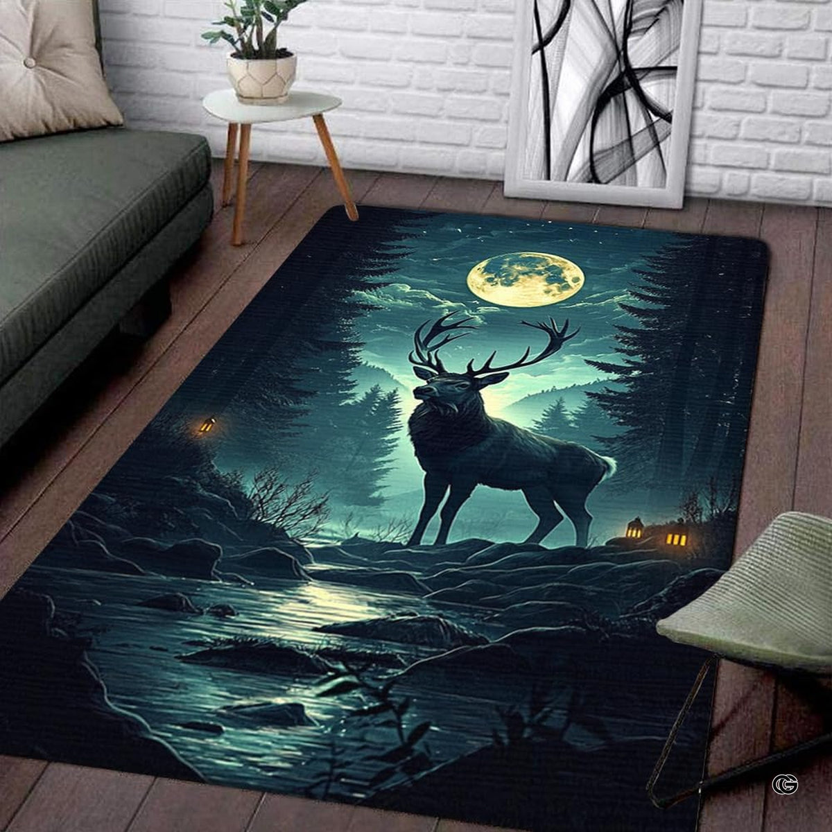 Living room seating setup featuring the moonlit stag stream mountain forest rustic area rug