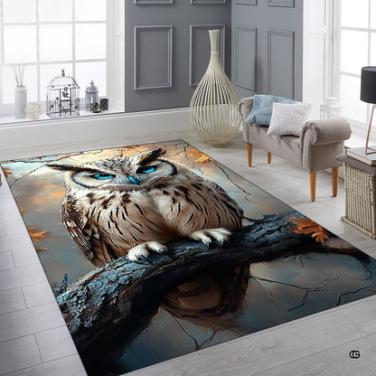 Horned owl area rug placed alongside contemporary living room furniture. - thumbnail image 7 of 8