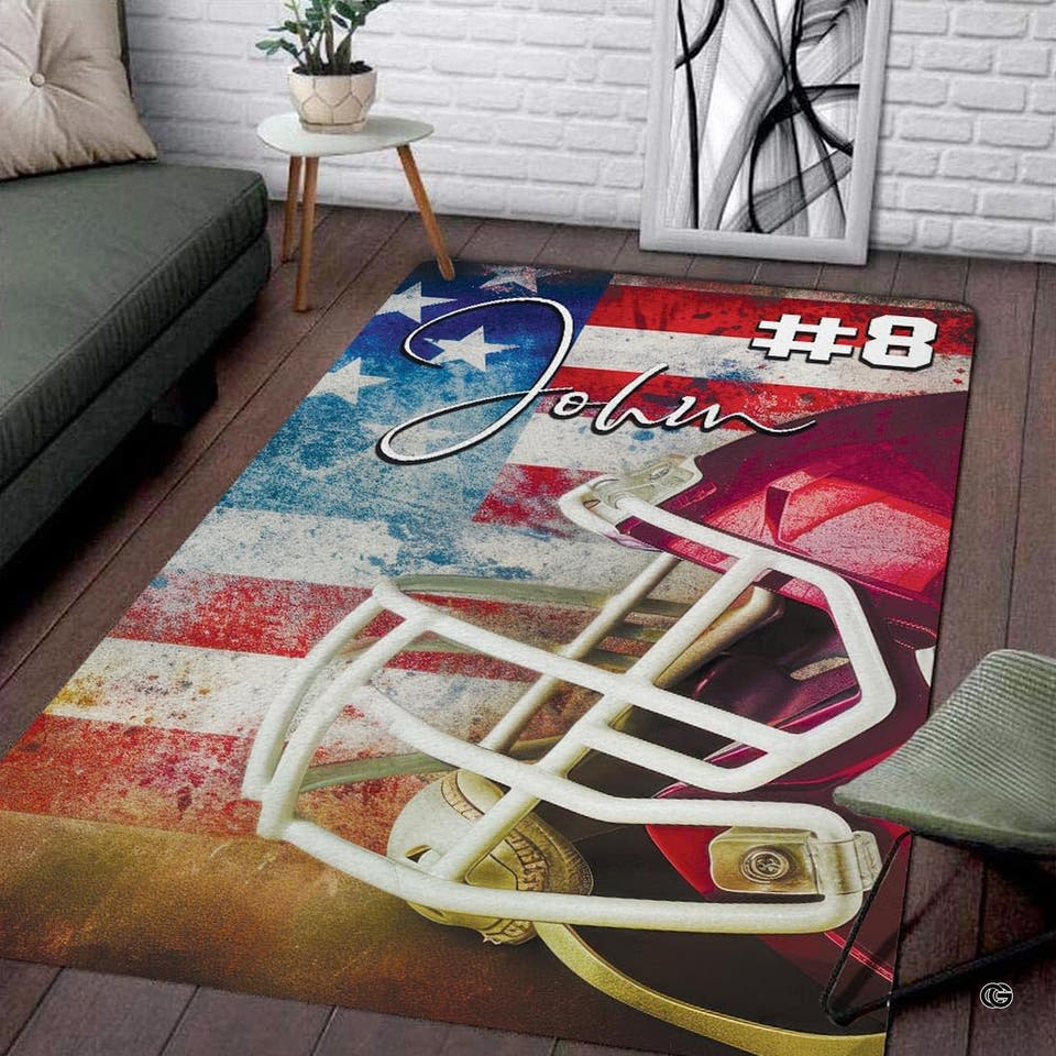 American football rugby game flag Area Rug showing helmet artwork on weathered red and blue stripes.