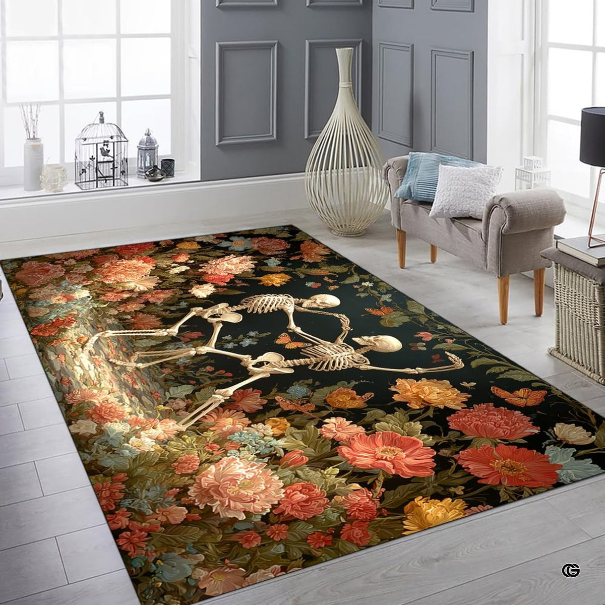 Outdoor patio or sitting area mockup with the gothic floral skeleton area rug - image 8 of 8