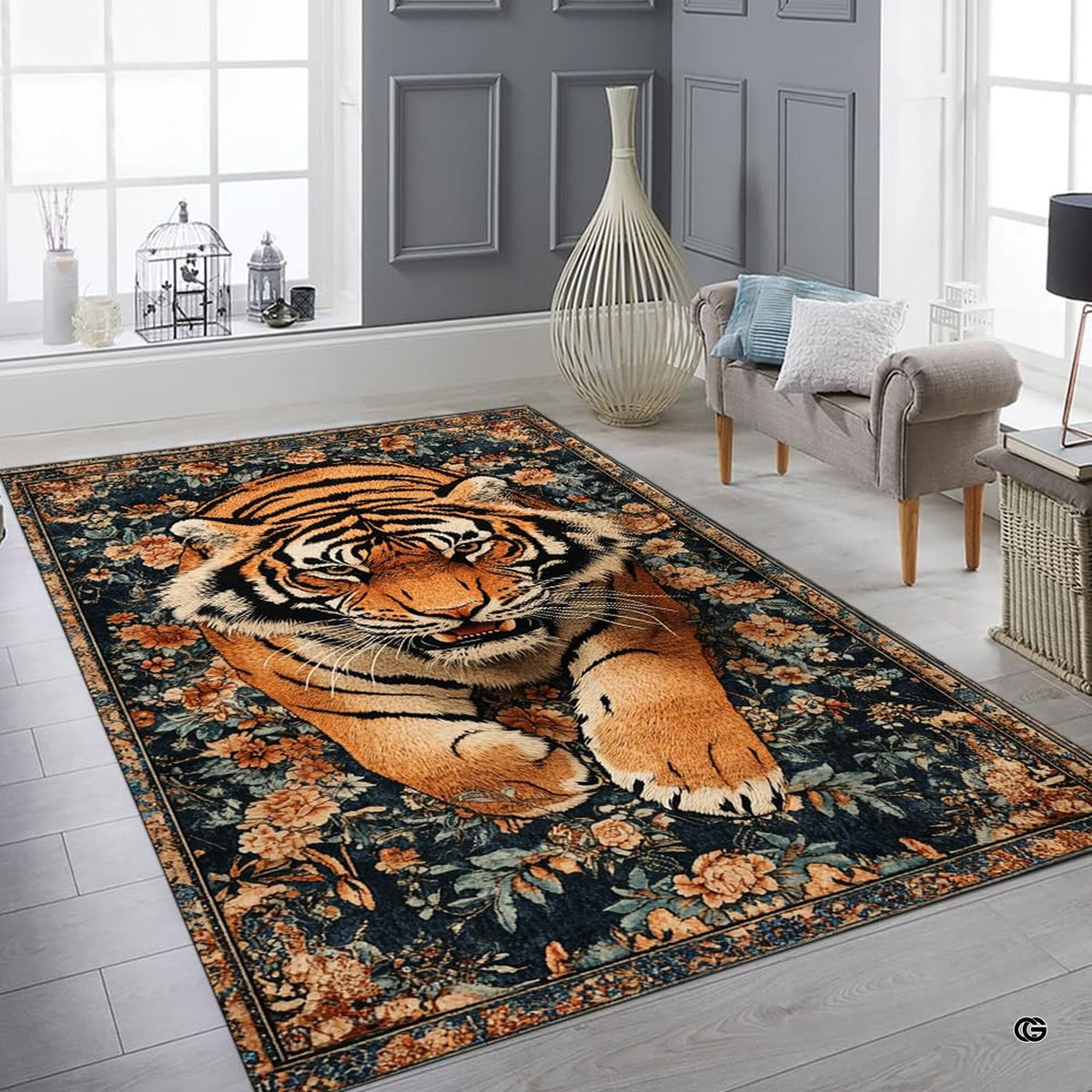 Bright interior decor setup featuring the oriental floral tiger floor carpet