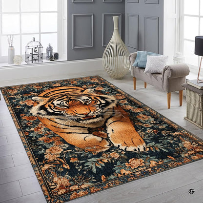 Bright interior decor setup featuring the oriental floral tiger floor carpet - thumbnail image 6 of 8