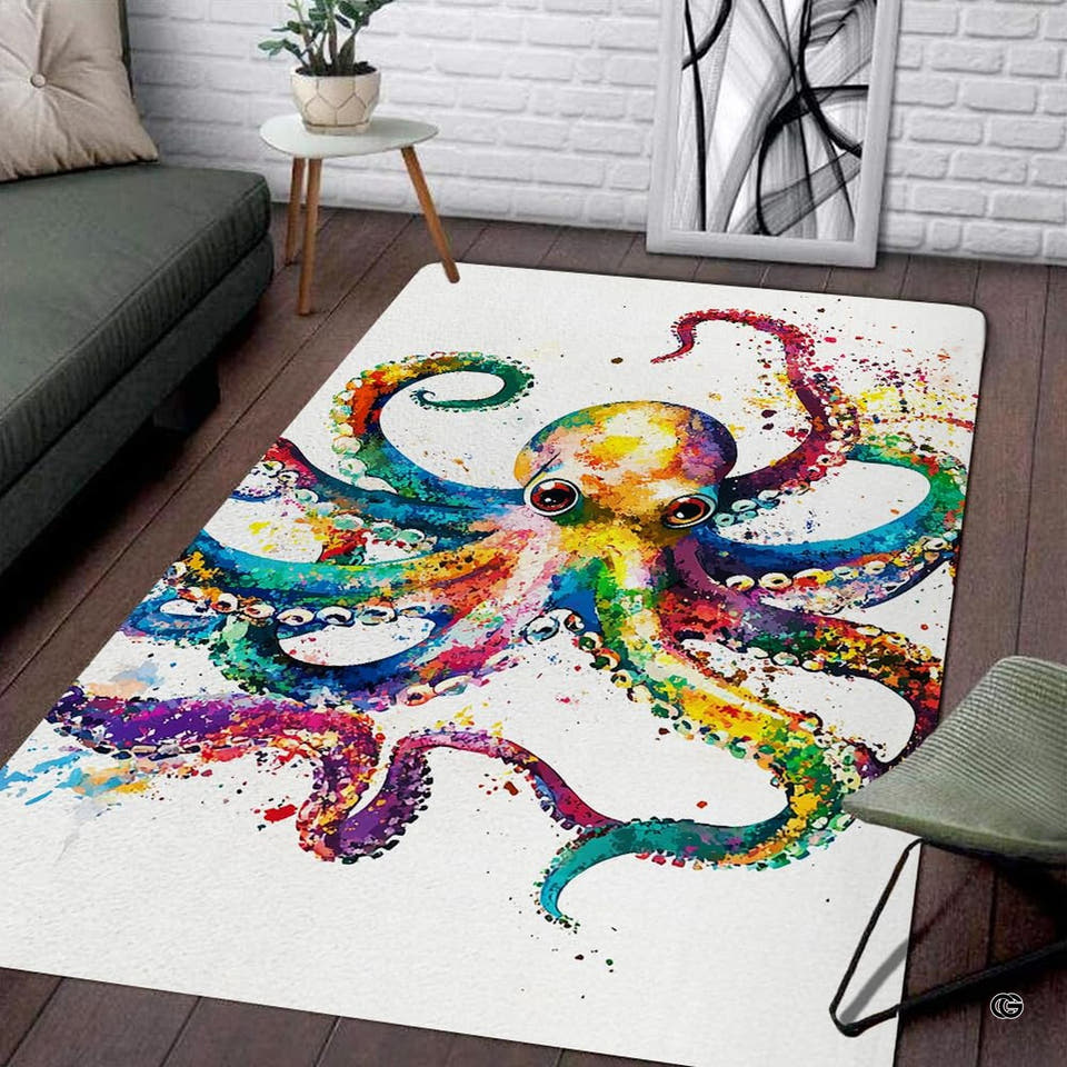 Rainbow watercolor octopus living room area rug with vibrant multicolored paint splatters on white